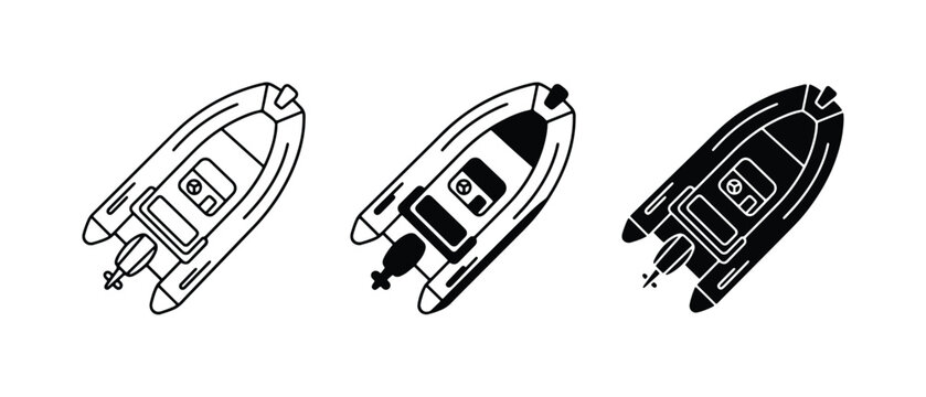 Inflatable Boat Icons: Outline, Filled, Silhouette, Vector Graphics for Marine Transport