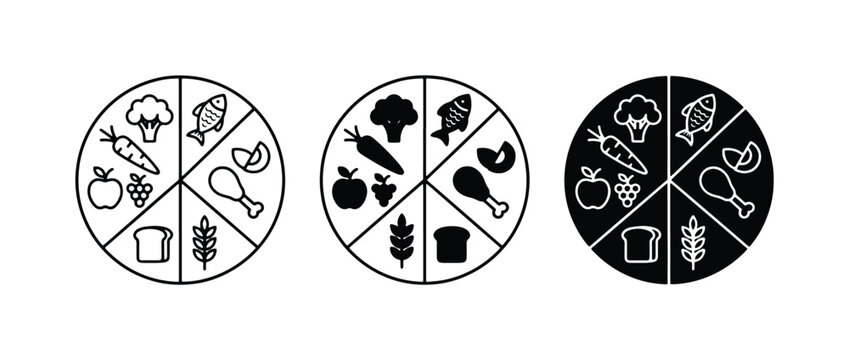 Healthy Food Groups Icons, Balanced Diet Plate Vector Set, Nutrition Chart Elements