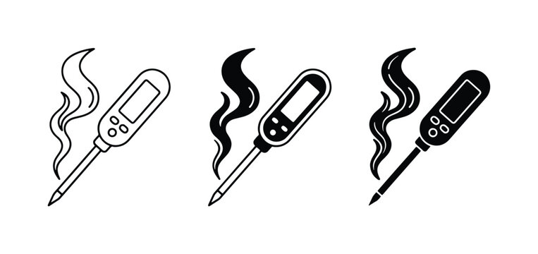 Digital Food Thermometer Icons, Cooking Temperature Probes, Smoke Steam Heat Vector Set