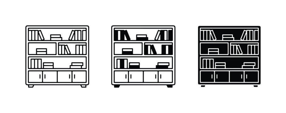 Bookcase Icons, Shelving Unit Vector Graphics, Library Furniture Set