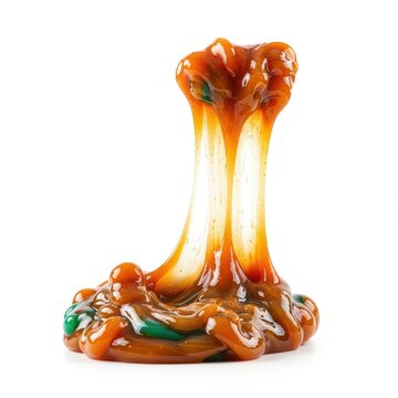 Bright colorful sticky gooey textured substance dripping and stretching against a clean white backdrop. A playful, messy, abstract design element, stretch, background, slime