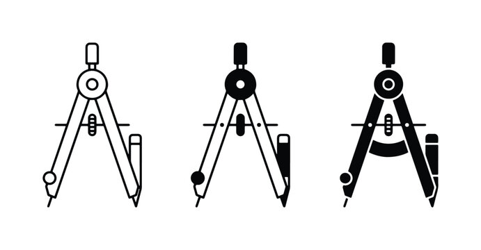 Drafting Compass Icons, Geometric Tool Set, Precision Drawing Instruments, Engineering and Architecture Symbols