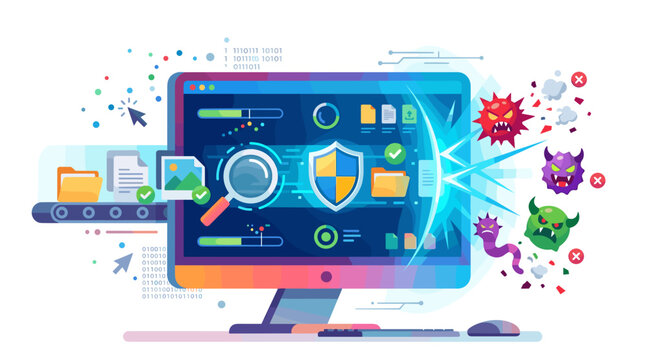 Cyber security protection concept with computer monitor and antivirus shield