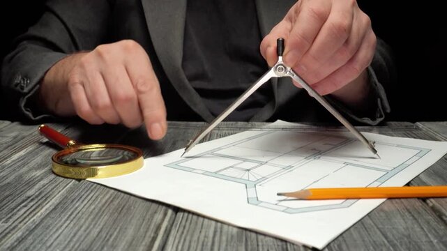 Hands of a male architect using a compass to measure dimensions on a blueprint while pointing at specific areas on the design layout
