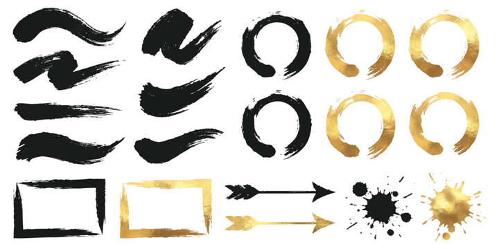 Set of black and colorful hand drawn ink brush strokes circles frames arrows and paint splatters for design
