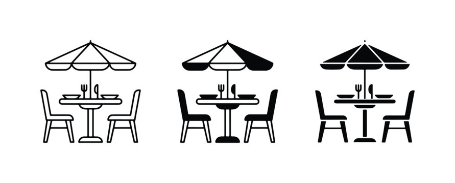 Outdoor Dining Set Icons, Patio Table and Chairs, Restaurant Umbrella Graphics