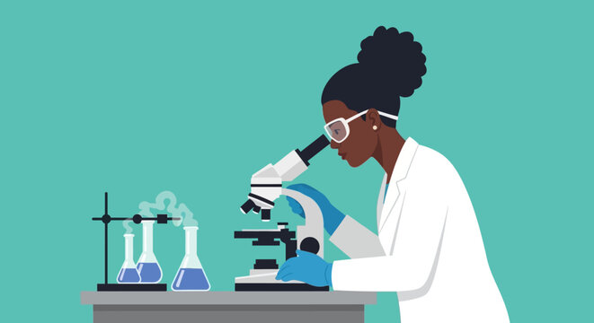 African Female Scientist Using Microscope in Laboratory