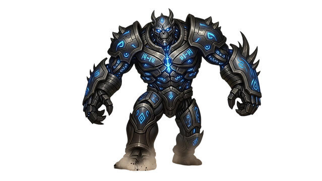 Hulking armored golem with glowing blue runes and spikes on black background robot
