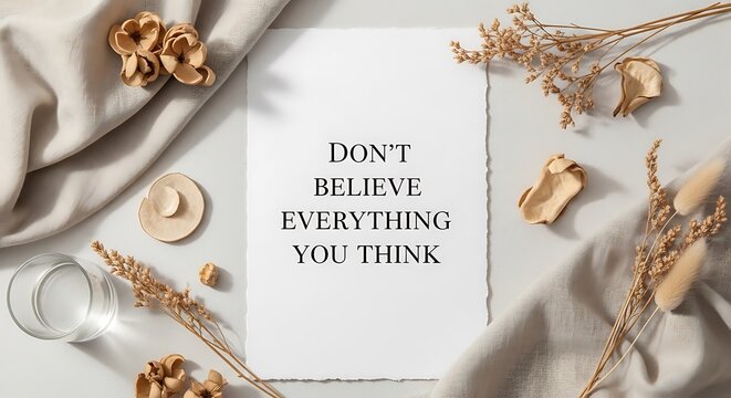 A minimalist flat lay composition featuring the quote dont believe everything you think printed on textured paper surrounded by dried flowers and neutral aesthetic elements.