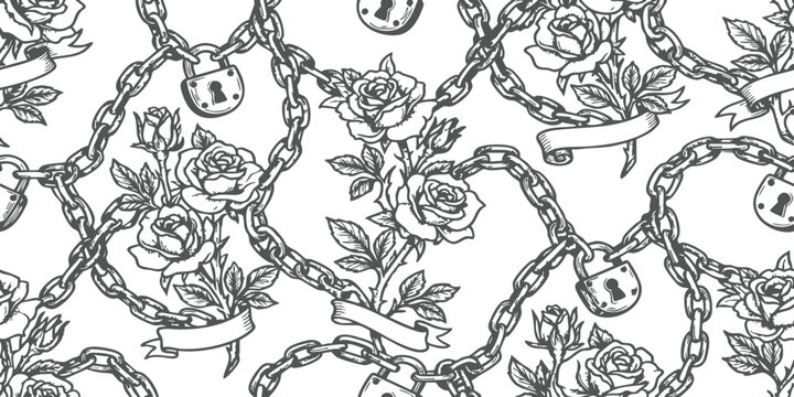 Seamless pattern with hand drawn black and white roses chains and padlocks for vintage tattoo style design