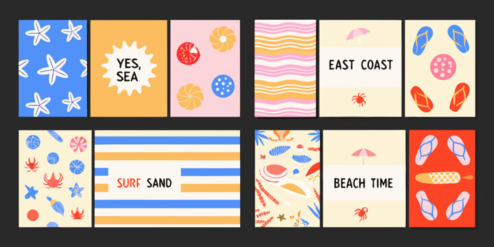 Beach theme illustrated cards grid ten colorful vector designs