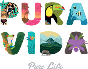 Fototapeta premium VECTORS. “PURA VIDA” letters (translated as “Pure Life” in English), a popular motto of Costa Rica. Featuring local animals and scenery. Perfect for t-shirts and any kind of souvenirs.