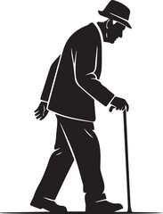 Naklejka premium Elderly man walking with cane on flat surface in silhouette