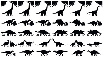 Fototapeta premium Herbivore Feeding Grazing Silhouettes Set Packs, Editable Vector Stroke Illustrations. containing dinosaur, silhouette, prehistoric, animal, reptile, extinct, fossil and more Dinosaur silhouettes