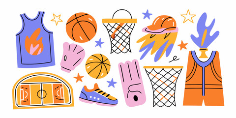Basketball themed illustration with jerseys balls and court elements © Jugal