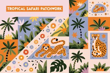 Tropical safari patchwork illustration with cheetah and palm leaves © Jugal