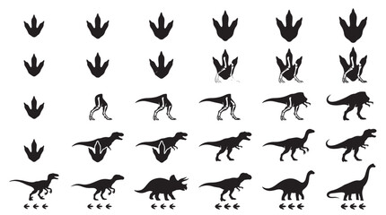 Fototapeta premium Footprint Creature Reconstruction Silhouettes Set Packs, Editable Vector Stroke Illustrations. containing dinosaur, silhouette, footprint, evolution, prehistoric, fossil and more Dinosaur silhouettes