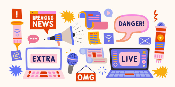 News media collage flat vector illustration with breaking news elements