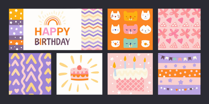 playful birthday greeting card collection colorful vector illustrations