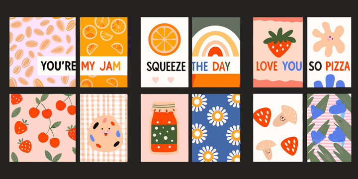 Retro style greeting cards with fruit and pun messages illustrated design