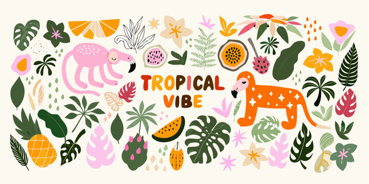 Tropical jungle illustration with vibrant plants and animals