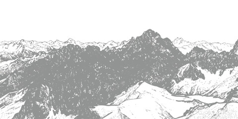 Black and white ink sketch of a rugged mountain range landscape with rocky peaks and valleys © GraphixEra
