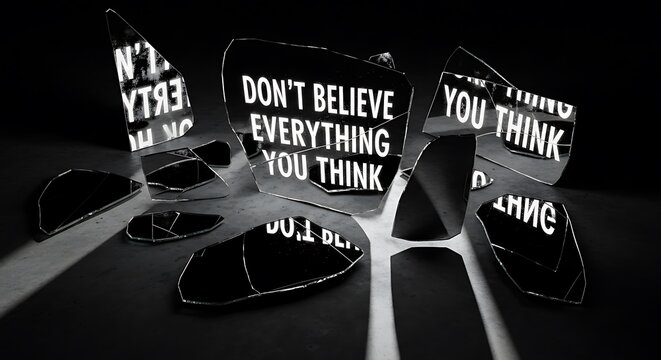 Conceptual black and white photograph of shattered mirror shards reflecting the powerful message dont believe everything you think to represent psychological clarity.