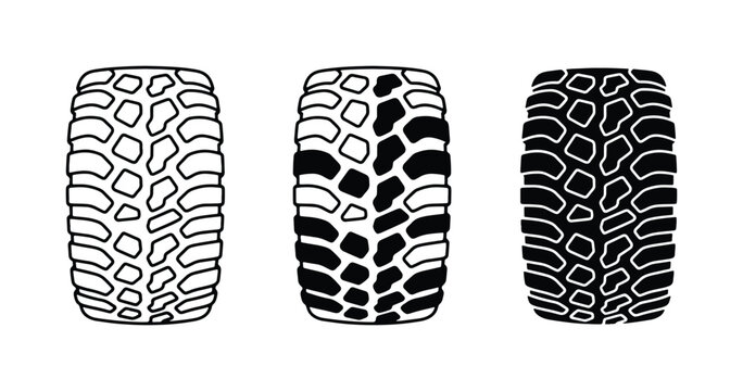 Tire Tread Vector Icons, Off-Road Rubber Patterns, Automotive Wheel Graphics, Black and White