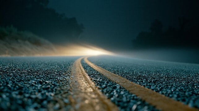 Cinematic ground-level macro shot of a dark highway at night with car headlights piercing through the fog.