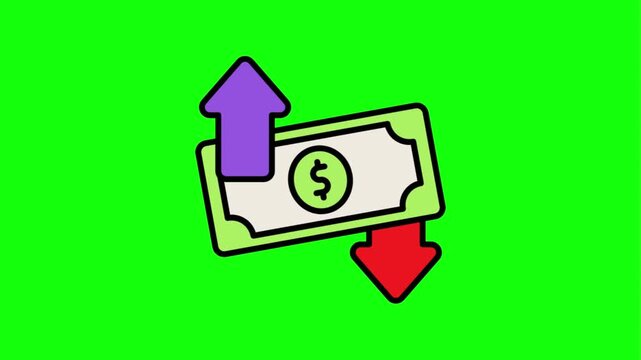 Animated financial icons illustrating revenue growth, profit, loss, and money management with charts and dollar signs on a green screen.