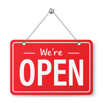 We re Open Hanging Sign Vector Illustration. Red Store Open Door 3d Sign Hanging on Chain Isolated. Business Welcome Signboard for Shop Cafe Restaurant and Retail Design