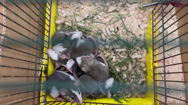 pet mice in a cage, offspring of rats in a cage, little baby mice with long tails in a cage, pets, offspring of pet rats, love of pets, happy family, team group of little rats