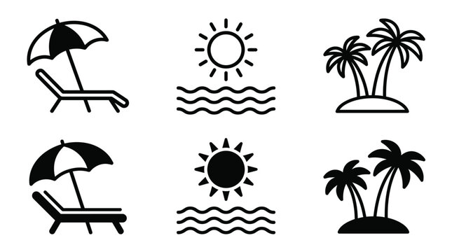 Set of summer vacation icons featuring beach chairs with umbrellas and tropical palm trees alongside sun and ocean waves presented in both clean outline and solid black-filled style variations
