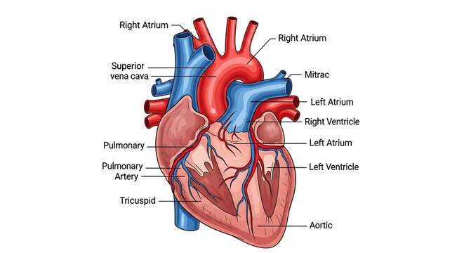 Detailed human heart anatomy diagram labeled.