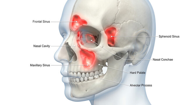 Anatomical illustration of the human skull highlighting the sinuses with labels in a clear, bright medical presentation against a white backdrop