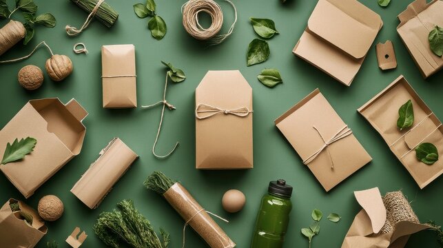 Eco friendly packaging materials on green background