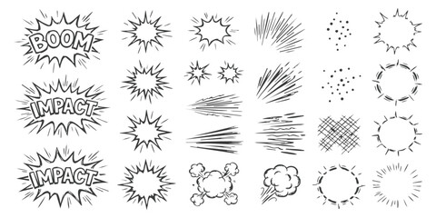 Set of hand drawn comic book explosion and speed effect elements with boom and impact speech bubbles for graphic design © GraphixEra