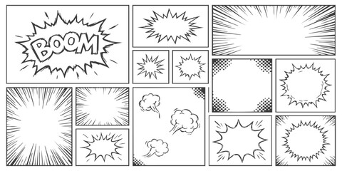 Comic book page layout with speech bubbles and action burst sound effects for graphic storytelling and manga design © GraphixEra