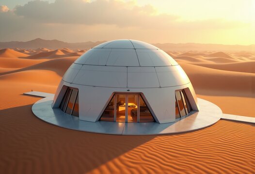 Futuristic Desert Dome Featuring Sustainable Cooling Mechanism and Skylight Against Expansive Sand Dunes
