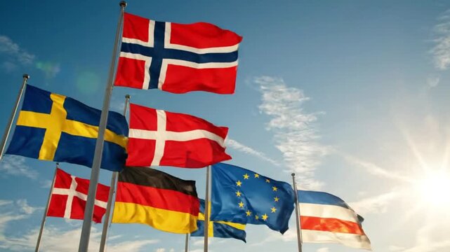 Collection of various national flags waving against a bright blue sky