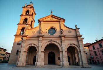 Fototapeta premium Romantic Romanesque Church with Flat Roof Rounded Arches and Tall Bell Tower in a Serene Landscape