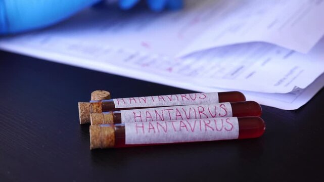 Hantavirus blood test tubes medical documents doctor hand blue glove laboratory research surface pandemic clinical report with copy space for banner design concept of healthcare, medicine, science