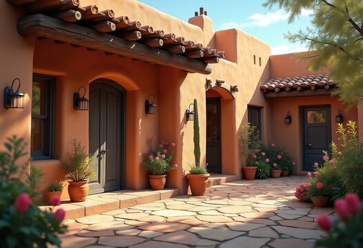 Quaint Pueblo Adobe Courtyard Elegance with Exposed Wooden Vigas and Timeless Charm