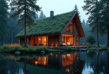 Obraz premium Timber House Grass Roof Scenic Lake Reflection Nordic Aesthetic Cozy Living Warm Wood Exterior