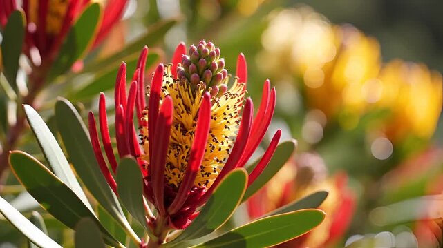 Closeup of a vibrant red and yellow Protea flower blooming in sunlight.