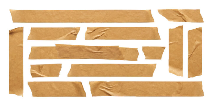 Set of brown packing tape strips with wrinkled texture and torn edges for office and shipping packaging projects