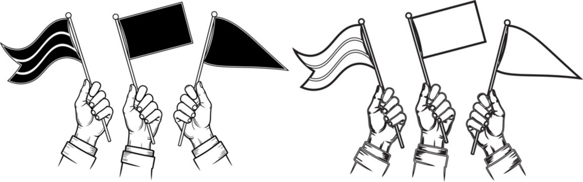 hands holding flags line drawing illustration with white background high quality