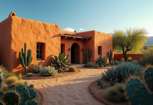 Rustic Mud Brick Adobe House Amidst Lush Cactus Garden in Breathtaking Desert Landscape