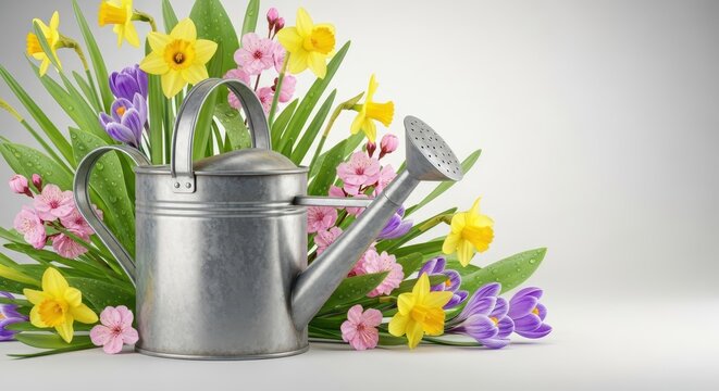 A vintage metal watering can sits nestled among colorful spring blossoms and lush green foliage, signifying growth and the start of the gardening season, spring, foliage, rustic