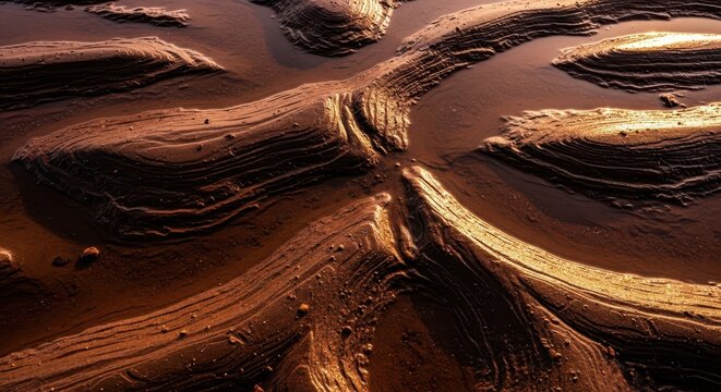 Wet, deep brown earth showing texture and patterns left by tidal movement, suggesting rich soil and coastal life and natural beauty, organic, sediment, vast